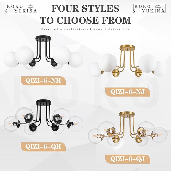 KoKo&Yukina 6-Light Modern Semi Flush Mount Ceiling Light Fixture Mid Century Ceilings Lights Globe Ceiling with Milk Glass Shade Matte Black Finish for Bedroom Hallway Dining Room Living Room