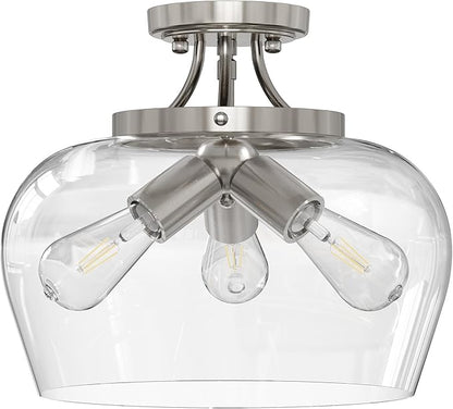 VONLUCE Semi Flush Mount Ceiling Light, 13.8" Ceiling Light Fixture with Clear Glass Shade, E26 Base, 3-Bulb Industrial Lighting Fixture for Hallway Entryway Bedroom, Brushed Nickel, ETL Certificated