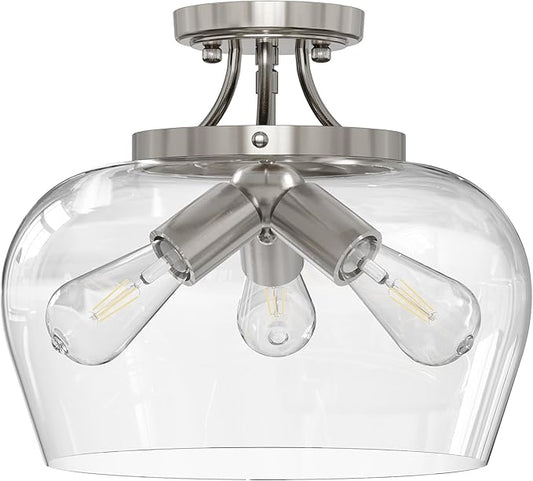 VONLUCE Semi Flush Mount Ceiling Light, 13.8" Ceiling Light Fixture with Clear Glass Shade, E26 Base, 3-Bulb Industrial Lighting Fixture for Hallway Entryway Bedroom, Brushed Nickel, ETL Certificated