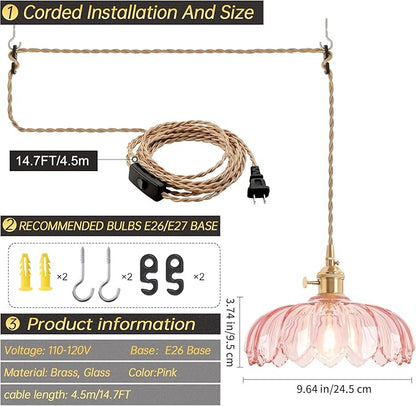Shenmoyl Plug in Pendant Light Hanging Light Fixtures with Plugin Cord On/Off Switch,Pink Scindapsus Glass Lampshade Brass Pendant Light