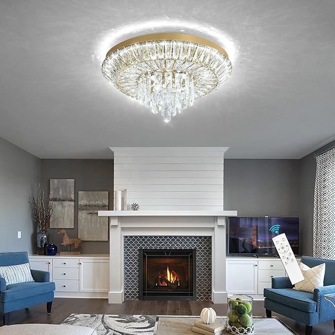 Crystal Chandelier 40W Modern Round Ceiling Light Fixture LED Raindrop Chandeliers Dimmable with Remote for Dining Room Living Room Entryway Hallway Bedroom Gold