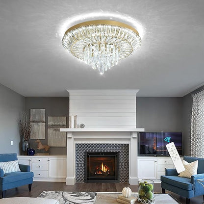 Crystal Chandelier 40W Modern Round Ceiling Light Fixture LED Raindrop Chandeliers Dimmable with Remote for Dining Room Living Room Entryway Hallway Bedroom Gold