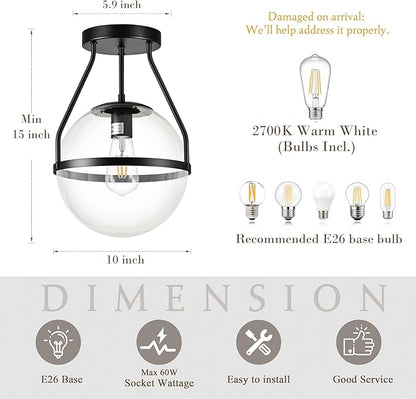 Bagood 10" Mid Century Ceiling Light Modern Black Semi Flush Mount Ceiling Light with Clear Glass Shade Globe Semi Flush Mount Ceiling Light Fixture for Bedroom Hallway Bathroom Foyer (Bulb Incl.)