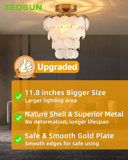 11.8" Capiz Shell Chandelier for Bedroom Ceiling Light Fixture with 4 Tier Shell Modern Gold Semi Flush Mount Ceiling Lights Chandeliers for Entryway,(More Additional Shell Parts Included) Gold