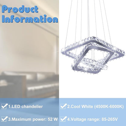 Crystal Chandeliers Modern LED 3 Ring Chandelier Adjustable Ceiling Light Fixtures Pendant Lighting Stainless Steel Hanging Lights for Living Room Dining Room Bathroom Bedroom, Cold White (Square)
