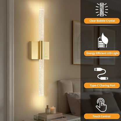 28” Battery Operated Wall Sconces Set of 2, 8000mAh Rechargeable Battery Powered Wall Light with No Hardwired, Extra Large Dimmable Led Lamp Fixtures for Bathroom Cabinet Study Room, Gold