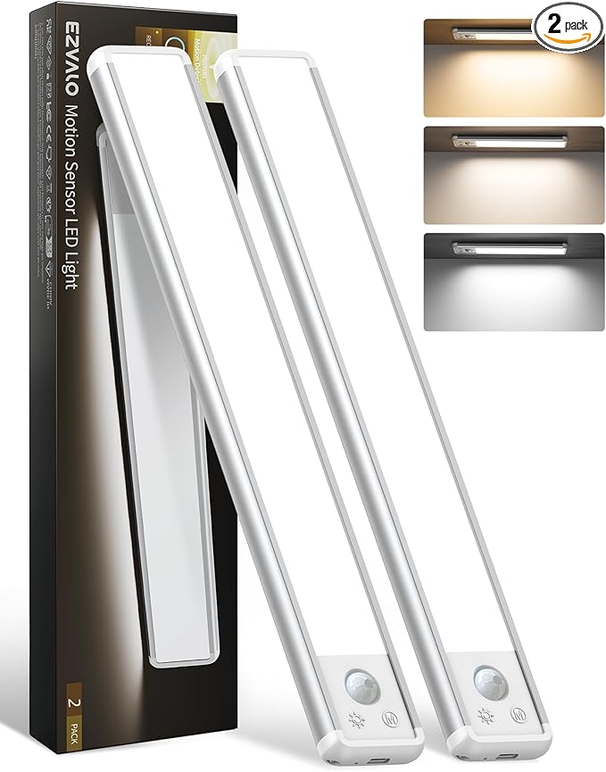 EZVALO 8-Inch LED Under Cabinet Lighting, Magnetic Wireless Motion Sensor Light, Rechargeable 1800mAh, 3 Color Temperatures & Dimmable, for Kitchen, Closet, Pantry, Stairs