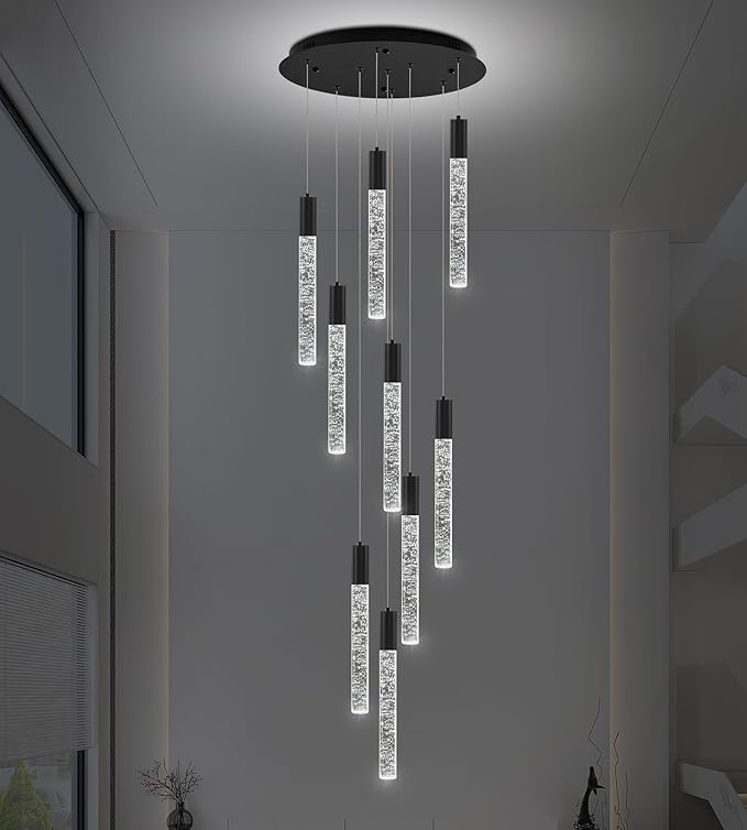 Modern High Ceiling Crystal Chandelier 9-Lights, Spiral LED Raindrop Foyer Pendant Lighting, Bubble Staircase Living Room Hanging Light Fixture Flush Mount Black