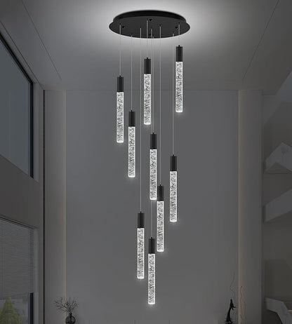 Modern High Ceiling Crystal Chandelier 9-Lights, Spiral LED Raindrop Foyer Pendant Lighting, Bubble Staircase Living Room Hanging Light Fixture Flush Mount Black