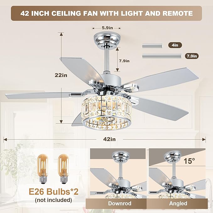 Chandelier Ceiling Fans with Lights and Remote,Caged Ceiling Fan with Light,App 5 Blades E26 Fandelier Ceiling Fans with Lights,Crystal Ceiling Fan for Bedroom,Living Room. (Nickel, 42 Inch)