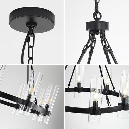 26 Inch Black Wagon Wheel Chandelier with Glass Shade, 8 Lights, Modern Farmhouse Style, Ideal for Dining Room, Kitchen, Entryways