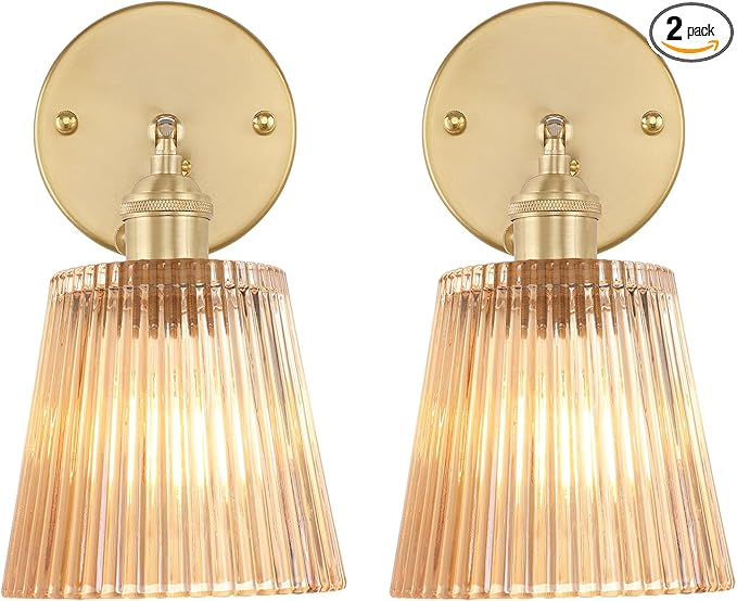 Shenmoyl Vintage Wall Sconces Set of 2 with Amber Stripe Glass Lampshade 180 Degree Adjustable Brass Sconces Hradwired Modern Wall Lighting Fixture with Switch for Bedside Bedroom Doorway