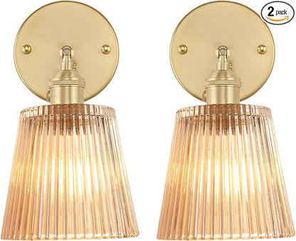 Shenmoyl Vintage Wall Sconces Set of 2 with Amber Stripe Glass Lampshade 180 Degree Adjustable Brass Sconces Hradwired Modern Wall Lighting Fixture with Switch for Bedside Bedroom Doorway