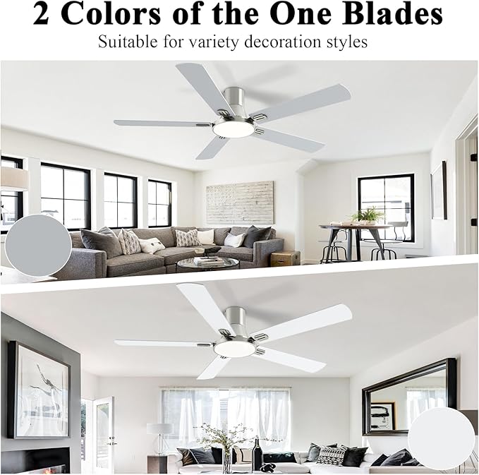 SNJ 60 Inch Brushed Nickel Ceiling Fans with Lights and Remote,Flush Mount Low Profile 5 Blades Ceiling Fan,Dimmable Quiet Reversible DC Motor for,Living Room,Bedroom and Patio