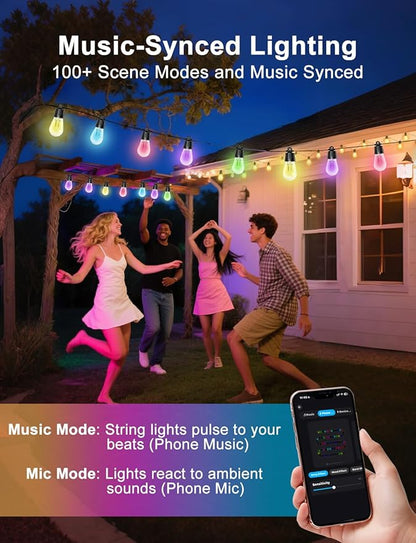 Outdoor String Lights, 50ft Smart RGB IC Warm White Patio Lights Outdoor Waterproof with Remote & App Control, Compatible with Alexa Great for Deck, Gazebo, Balcony