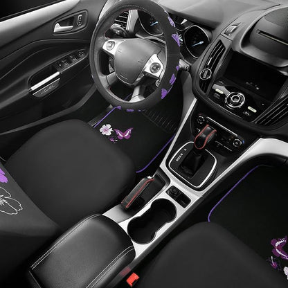 CAR PASS Universal Cloth Butterfly Car Seat Covers Full Set, Embroidered Flower Waterproof Car Floor Mats Carpet, Butterflies Steering Wheel Cover for Car Accessories Interior Sets (Black and Purple)