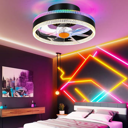 Mpayel Flush Mount Ceiling Fans with Lights - RGB Low Profile Ceiling Fan,13" Small Dimmable LED Bladeless Ceiling Fans, Modern Enclosed LED-RGB Ambient Light for Bedroom, Kids Room, Party