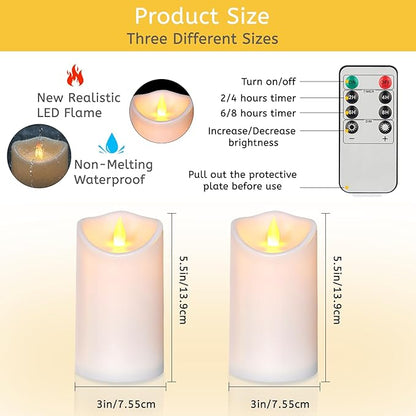Artmarry Flameless Candles 3" D x 6" H Outdoor Indoor Pillars Battery Operated Flickering Candles Include 8-Key Remote Timer 400+ Hours by 2 AA Batteries (White Candle - Warm Light,2 Pack)