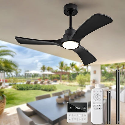 Black Ceiling Fan with Light,42 inch Solid Wood Ceiling Fan,Remote Control,Wall Switch,Dimmable,Reversible Quiet DC Motor,Power Off Memory Modern Ceiling Fans for Bedroom Patio Indoor/Outdoor