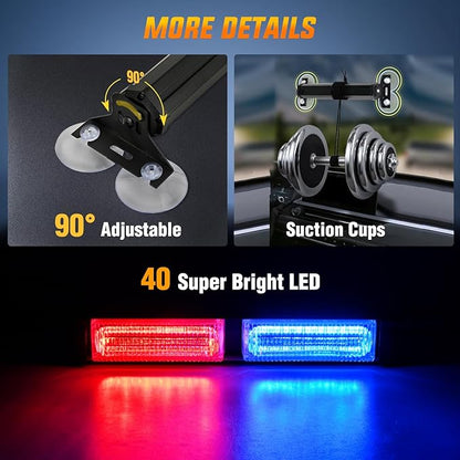 Nilight 40LED Blue Red Emergency Strobe Traffic Advisor Light Bar with Suction Cups Dash Safety Warning Hazard Flashing Lights Interior Front/Rear Windshield for Trucks Construction Vehicles