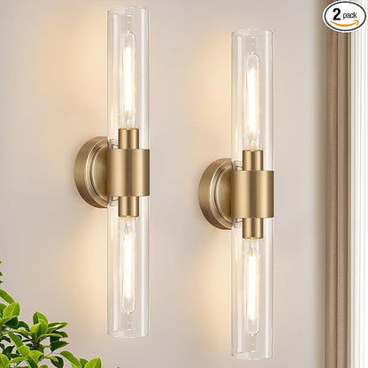 Wall Sconces Set of Two, Modern Bathroom Sconces Wall Lighting with & Clear Glass Glass, Brass Sconces Wall Decor Set of 2 for Bathroom Mirror Bedroom Living Room Hallway