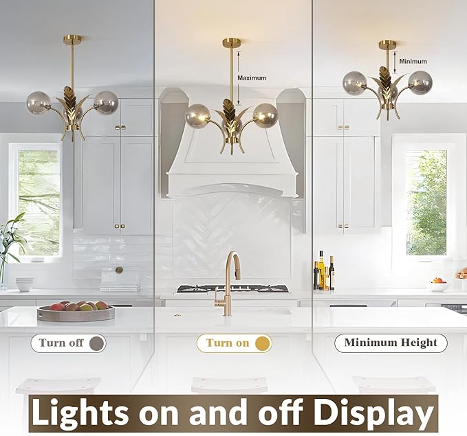 BOKT Smoke Gray Glass Farmhouse Sputnik Chandelier Modern Mid Century 3 Globe Ceiling Lamp Gold Pendant Lighting Fixture for Bedroom Living Dining Room Foyer Bulb Included