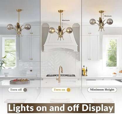 BOKT Smoke Gray Glass Farmhouse Sputnik Chandelier Modern Mid Century 3 Globe Ceiling Lamp Gold Pendant Lighting Fixture for Bedroom Living Dining Room Foyer Bulb Included