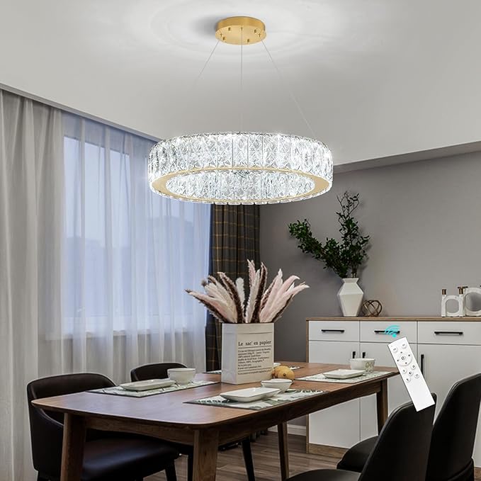 Modern Crystal Chandelier 15W LED Dimmable Lighting Fixture Adjustable Round Pendant Light for Dining Room Living Room Kitchen Bedroom Gold