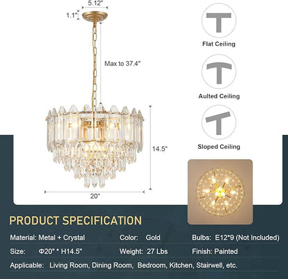 20" Gold Crystal Chandelier Modern 9-Light Luxury Chandelier Light Fixtures 5 Tiers K9 Crystal Round Lighting for Dining Room Bedroom Kitchen Island Living Room Foyer Entryway, E12