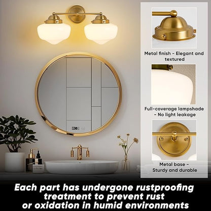 2 Light Bathroom Vanity Light, Bathroom Light Fixture with Milky White Glass Shade and Matte Brass Finish, Vanity Lights for Bathroom, Brushed Gold Vanity Light