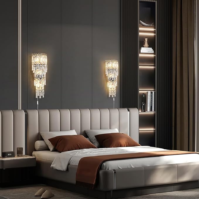 Crystal Wall Light Fixtures,Plug in Wall Sconces Luxury Chrome Wall Lamp,K9 Acrylic Crystal Drops Wall Lamp,Elegant Wall Lighting for Bedroom Bathroom Hallway Living Room Mirror Bedside