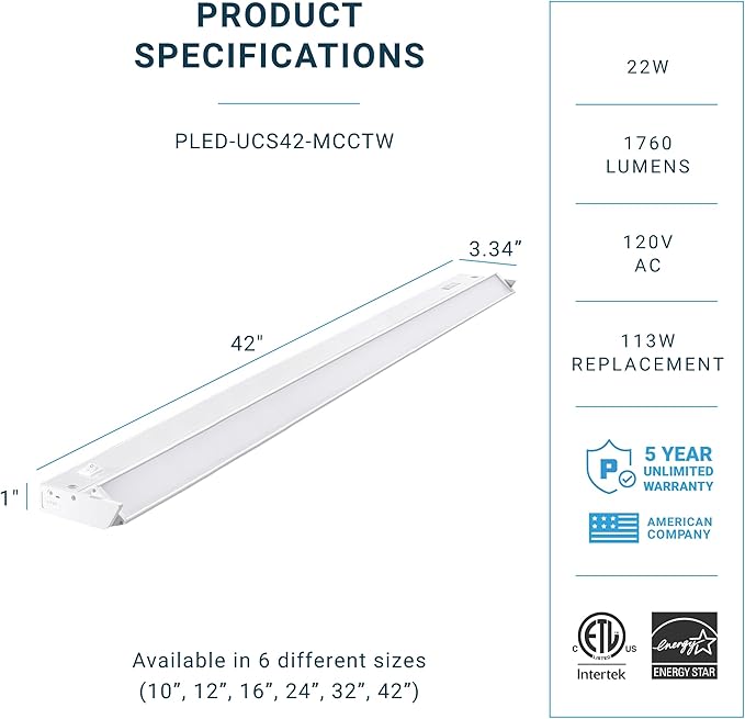 PARMIDA LED Swivel Under Cabinet Lighting, Hardwired or Plug-in Installation, 42 Inch, 22W, 5CCT Color Selectable - 2700K/3000K/4000K/5000K/6000K, Rotatable Lens, Dimmable, Linkable, 120V, 1760LM, ETL