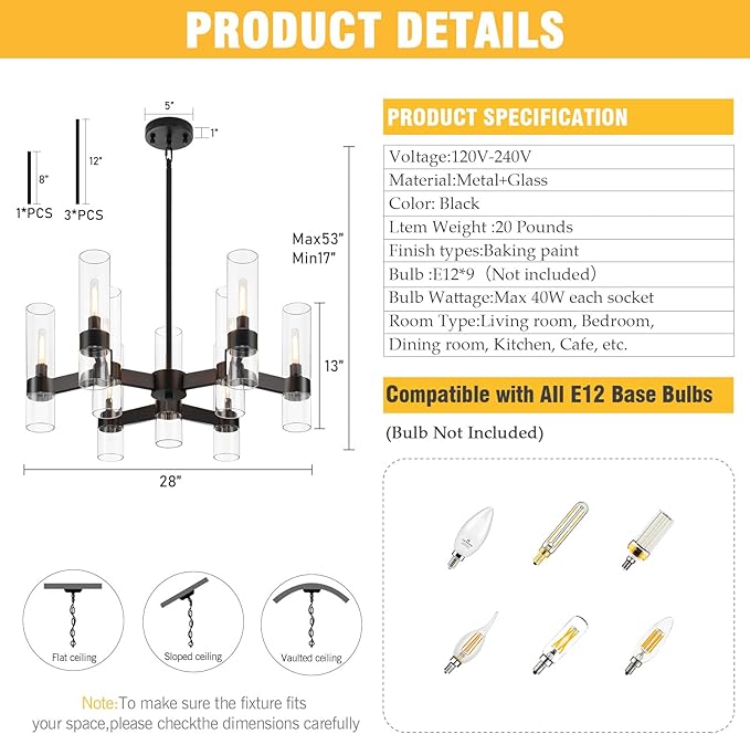 9 Light Black Chandelier, Modern Farmhouse Chandeliers for Dining Room Light Fixtures Over Table, Kitchen Island Lighting Fixture with Clear Glass Cover for Living Room Kitchen Island Bedroom Foyer