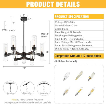 9 Light Black Chandelier, Modern Farmhouse Chandeliers for Dining Room Light Fixtures Over Table, Kitchen Island Lighting Fixture with Clear Glass Cover for Living Room Kitchen Island Bedroom Foyer