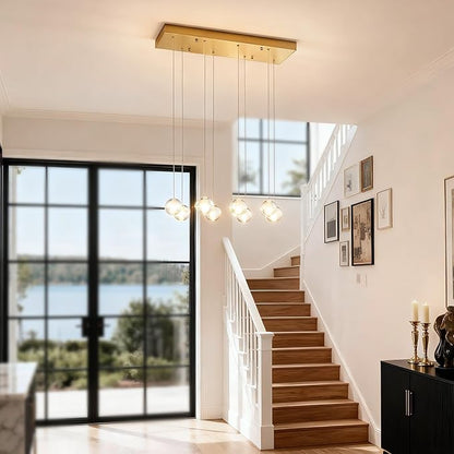 8 Lights Gold Raindrop Rectangle Chandelier, Modern Bubble Crystal Chandelier for Dining Room, Large Pendant Light for High Ceilings Staircase Foyer Entryway Living Room Kitchen Island