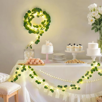 JMEXSUSS 33 FT 100 LED Eucalyptus Vine Fairy Lights, Vines with Lights Battery Operated with Remote, Eucalyptus Leaf Light Garland Indoor Outdoor for Bedroom Wall Classroom Party Decor(Warm White)