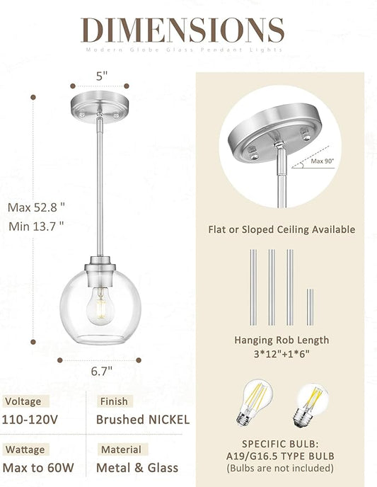Globe Pendant Light Fixture, Modern Brushed Nickel Hanging Light with Clear Glass for Kitchen Island Dining Room Bedroom Hallway Foyer (1 Pack), PL101BN