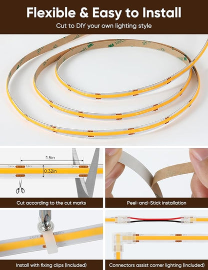 COB LED Strip Lights 2700K Warm White Music Sync LED Lights with DC24V Adapter Remote Smart App Control 16.4ft/5m CRI90+ Ultra Bright LED Rope Lights for Home Bedroom Cabinet DIY Lighting