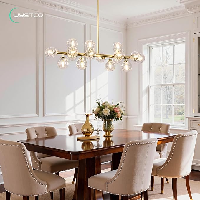 16-Light Globe Sputnik Chandelier, Linear Dining Room Light Fixture Over Table, Mid Century Modern Gold Chandeliers for Dining Living Room, Kitchen Island Lighting (Clear Bubble, 40 Inch)