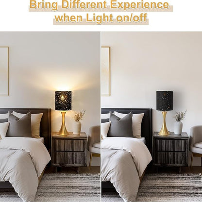 Touch Lamp for Bedroom, 3 Way Dimmable Gold Table Lamp with Black Starry Shade, Decorative Nightstand Lamp Ambient Beside Light for Living Room, Guest Room, Office 3000K LED Bulb Included