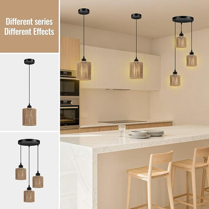 BoostArea 3-Light Rattan Pendant Lights Kitchen Island, Farmhouse Chandelier with Handwoven Wicker Shade, Adjustable Height Boho Hanging Light for Kitchen Island/Dining Room/Bedroom/Hallway, No Bulb