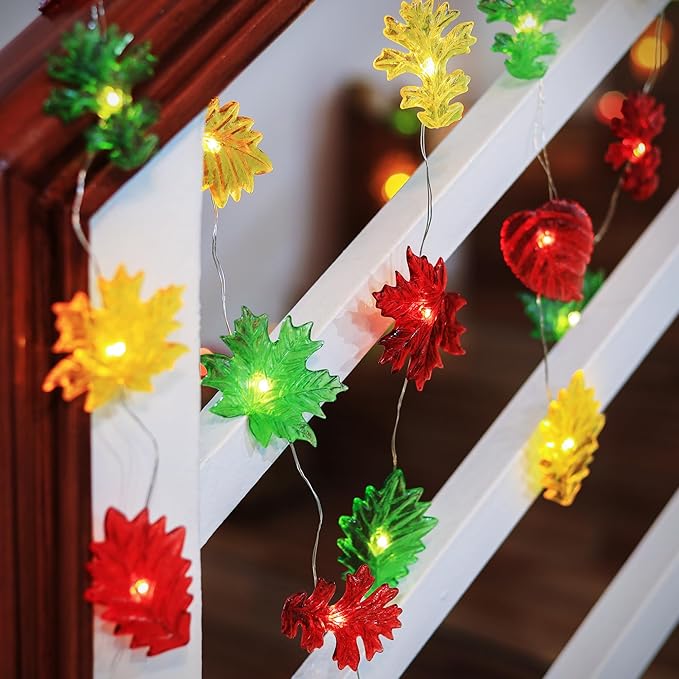 Solar String Lights Fall Forest Leaf Lights Outdoor Garden Tree Décor Thanksgiving Decorative lights Autumn Light up Maple Oak Leaves Decorations Harvest Garland 14ft 40LED Balcony Pathway Bush Decor