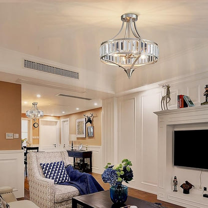 Modern Nickel Chandelier 4-Light Crystal Ceiling Light Fixtures 16 inches Flush Mount Lamp Suit for Living Room Kitchen Island Dining Room Foyer