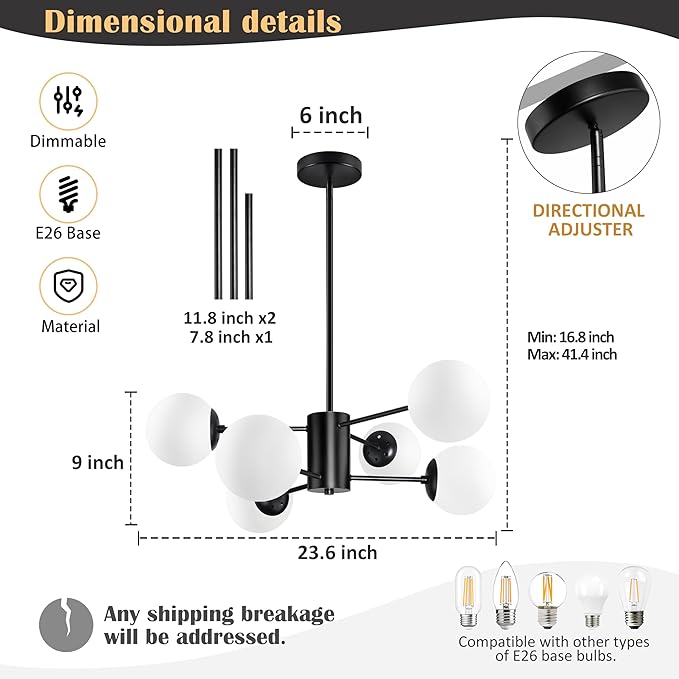 Bagood 6-Light Sputnik Chandelier Black Sputnik Chandeliers Modern Mid Century Globe Pendant Light Matte Black Finished with White Frosted Globe Glass Lampshade for Dining Room Bedroom Kitchen