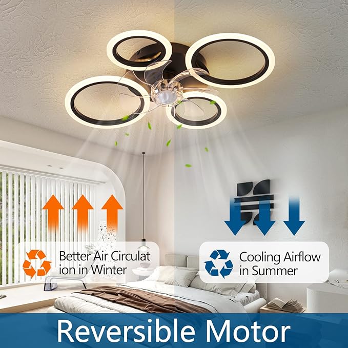 26" Geometric Ceiling Fan with Lights Remote Control, 3 Colors, 6 Speeds, Bladeless, Low Profile for Kitchen, Bedroom