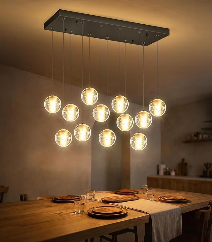 HAIXIANG Rectangular Chandelier with LED Light Bulbs Bubble Crystal Glam Chandeliers for Dining Room High Ceiling Pendant Lighting Fixtures Interior Living Room Lighting Black