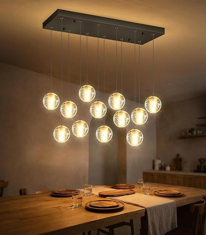 HAIXIANG Rectangular Chandelier with LED Light Bulbs Bubble Crystal Glam Chandeliers for Dining Room High Ceiling Pendant Lighting Fixtures Interior Living Room Lighting Black
