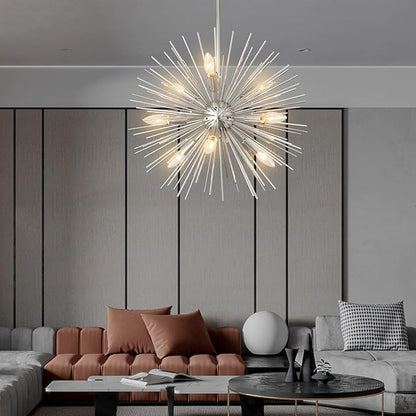 20" Modern Nickel Sputnik Chandelier 9-Lights Mid-Century Modern Starburst Chandelier Vintage Chrome Solid Metal Sputnik Chandeliers for Dining Room, Living Room, Bedroom, Kitchen, E12