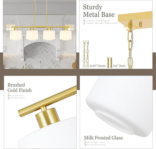 4-Light Brushed Gold Kitchen Island Lighting, Modern Linear Dining Room Chandelier Light Fixtures with Milk Glass and Chain, Mid Century Hanging Lights for Kitchen Island, OS-YQ8153-4ISBGW