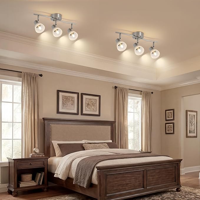 3-Light Nickel-Finish Track Lighting Fixture with Adjustable Directional Heads and Frosted Glass Shades – Ideal for Kitchen, Hallway, Living Room & Bathroom Vanity Lighting (Bulbs Not Included)